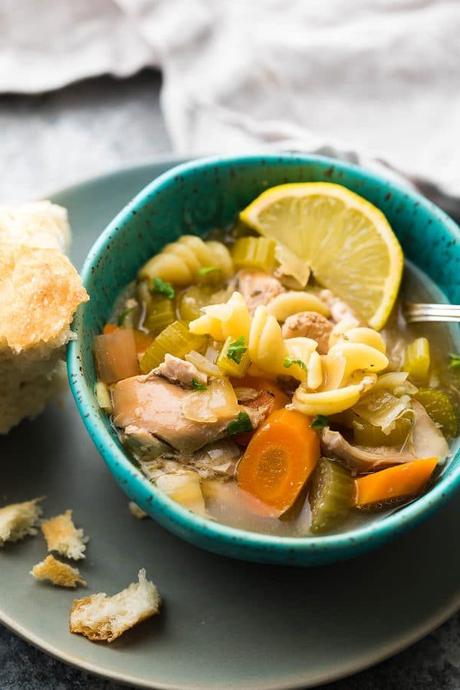 This slow cooker lemon sesame chicken noodle soup can be assembled ahead and stored in the fridge or freezer until you're ready to cook it up!  Perfect for cold and flu season: healthy, comforting and delicious.