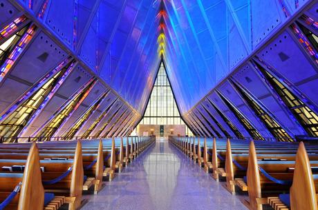 17. The triangular shape of the United States Air Force Academy Cadet Chapel is cleverly echoed in the stained glass windows that line its interior.