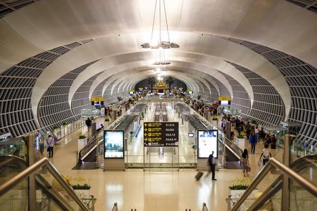 79. The dramatic roof trellis atop Suvarnabhumi Airport in Bangkok, Thailand, creates beautiful shapes in the terminal ceiling.