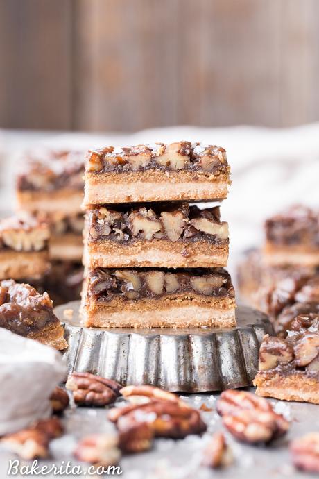 Pecan Pie Bars (Gluten Free, Paleo + Vegan) These Pecan Pie Bars are thick and caramelly, with a crispy coconut flour shortbread crust and a gooey pecan pie filling on top. These gluten-free, paleo, and vegan bars will be the star of your dessert spread!