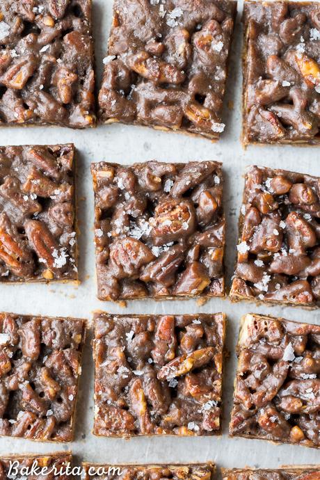 Pecan Pie Bars (Gluten Free, Paleo + Vegan) These Pecan Pie Bars are thick and caramelly, with a crispy coconut flour shortbread crust and a gooey pecan pie filling on top. These gluten-free, paleo, and vegan bars will be the star of your dessert spread!