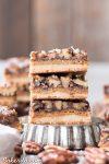 Pecan Pie Bars (Gluten Free, Paleo + Vegan) These Pecan Pie Bars are thick and caramelly, with a crispy coconut flour shortbread crust and a gooey pecan pie filling on top. These gluten-free, paleo, and vegan bars will be the star of your dessert spread!