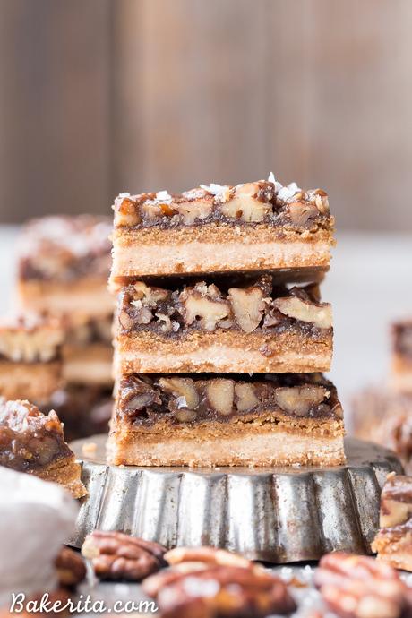Pecan Pie Bars (Gluten Free, Paleo + Vegan) These Pecan Pie Bars are thick and caramelly, with a crispy coconut flour shortbread crust and a gooey pecan pie filling on top. These gluten-free, paleo, and vegan bars will be the star of your dessert spread!