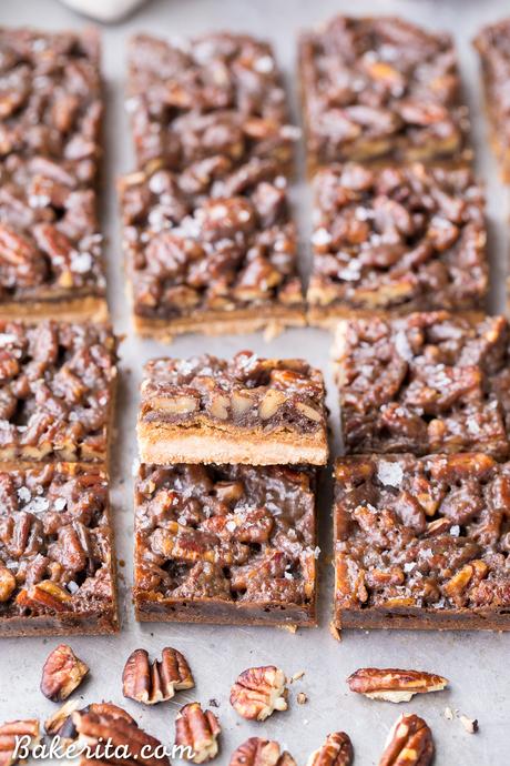 Pecan Pie Bars (Gluten Free, Paleo + Vegan) These Pecan Pie Bars are thick and caramelly, with a crispy coconut flour shortbread crust and a gooey pecan pie filling on top. These gluten-free, paleo, and vegan bars will be the star of your dessert spread!