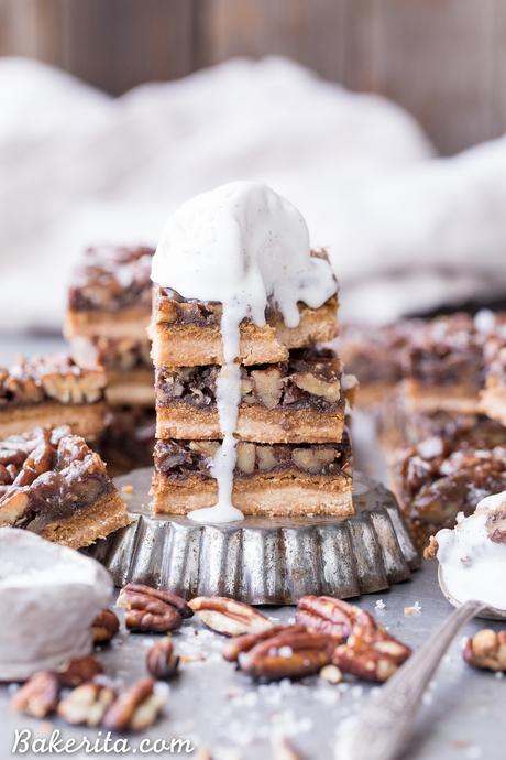 Pecan Pie Bars (Gluten Free, Paleo + Vegan) These Pecan Pie Bars are thick and caramelly, with a crispy coconut flour shortbread crust and a gooey pecan pie filling on top. These gluten-free, paleo, and vegan bars will be the star of your dessert spread!