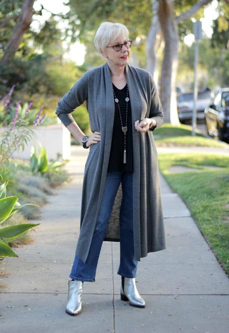 Outfit with duster cardigan and silver boots. Details at une femme d'un certain age.