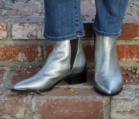 Detail: metallic silver boots from Marc Fisher. Details at une femme d'un certain age.