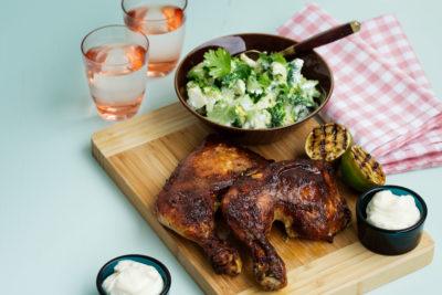 Slow-cooked chicken with broccoli salad