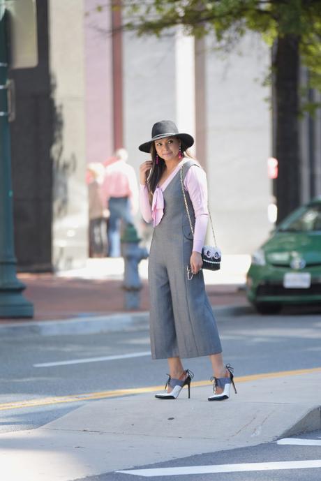 menswear inpired, fashion blogger, jumpsuit, anthropologie jumpsuit, hat style, loafers, streetstyle blogger, gray jumpsuit, pink bow sweater, fashion, ootd, personal style, myriad musings 