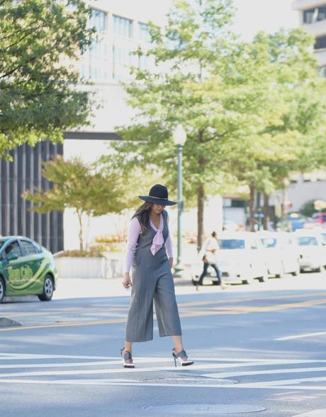 menswear inpired, fashion blogger, jumpsuit, anthropologie jumpsuit, hat style, loafers, streetstyle blogger, gray jumpsuit, pink bow sweater, fashion, ootd, personal style, myriad musings 