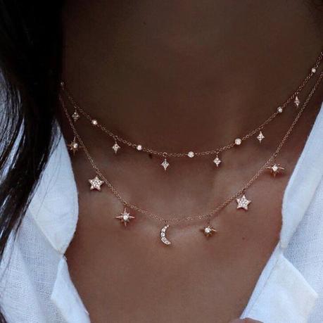 Two layered gold ecklace with diamond/crystal star, moon and round drops.      sparkle stars jewelry     fashion layered necklace     sparkle diamond necklace     moon diamond necklace     layered stars jewelry     sun gold choker necklace     rose gold stars jewels     cute gold jewels     diamonds gold jewels     fashion gold jewels