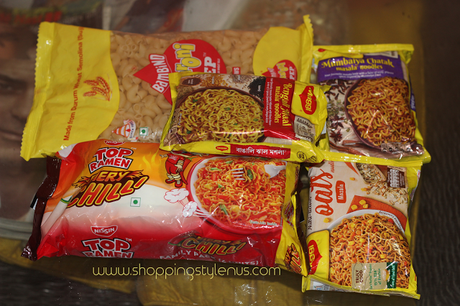 Top Ramen Fiery Chilli Pack of 4 (New) - Rs.40 Maggi Masala Pack of 8 (Not in picture because alreay opened by my little one) Rs89 Maggi Masalas of India - Bangali Jhaal (New) - Rs. 20  Maggi Masalas of India Mumbaiya Chatak (New) - Rs.20 Maggi Nutri-Licious Oats Masala (New) - Rs.25 Bambino Macaroni 450gm - Rs.45