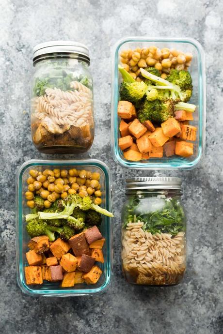 Prep these balsamic pasta jar salads and sweet potato, chickpea, broccoli bowls at the same time and you will have two different lunches to enjoy through the week!  Both recipes are ready in under 45 minutes.