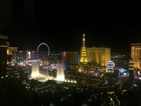 View of Bellagio fountains and Las Vegas strip. Details at une femme d'un certain age.