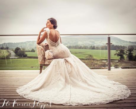 stunning back detail of a wedding dress with views of the hills at Bashall Barn taken by The Fromme Shoppe in Clitheroe