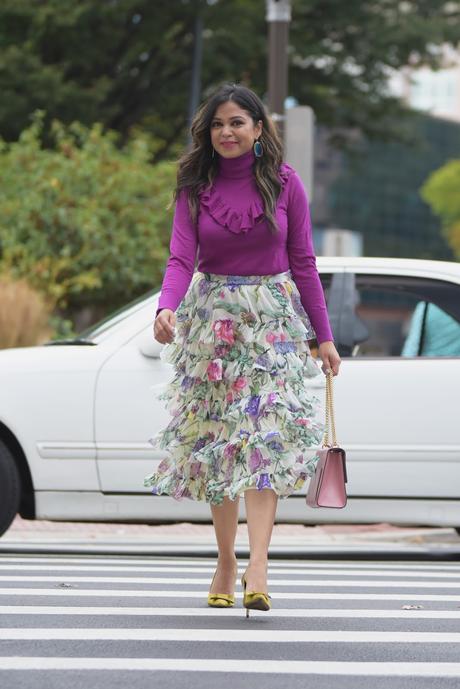 how to wwesr ruffles if you have bigger busts, ruffles in winter, j crew pink ruffle sweater, ruffled skirt , floral skirt, green satin pumps, fall fashion , myriad musings  