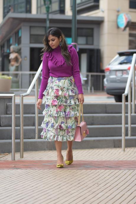 how to wwesr ruffles if you have bigger busts, ruffles in winter, j crew pink ruffle sweater, ruffled skirt , floral skirt, green satin pumps, fall fashion , myriad musings  