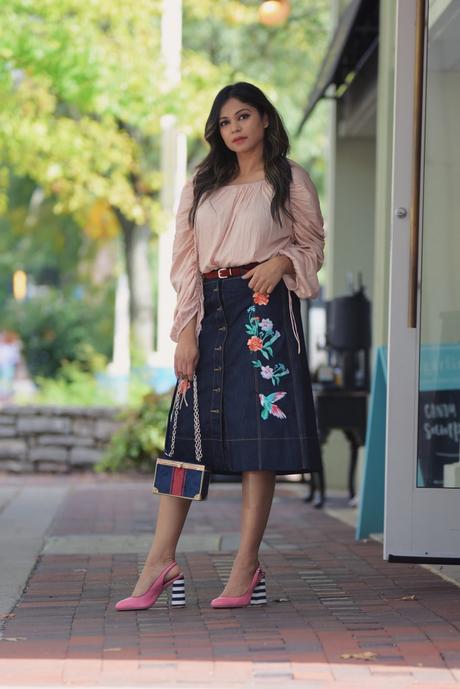 how to wear daytime sparkles, loft ruched sleeves blush blouse, embroidered denim kate spade skirt, pink stripe heels, shoes of prey, fall fashion , style blog, street style, myriad musings 