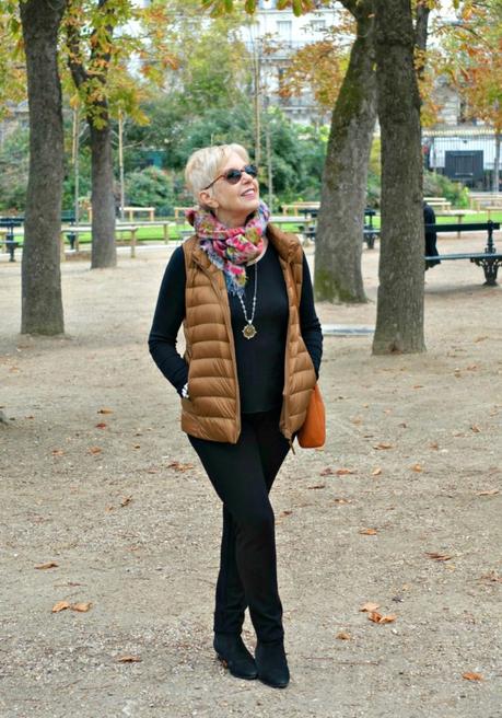 Outfit with gold uniqlo down vest. Details at une femme d'un certain age.