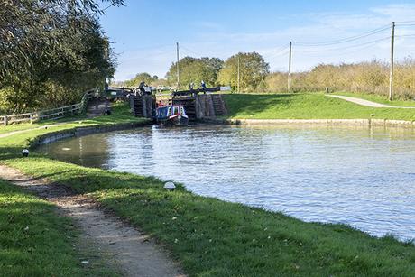 Barge exiting the lock complex at Stoke Bruerne