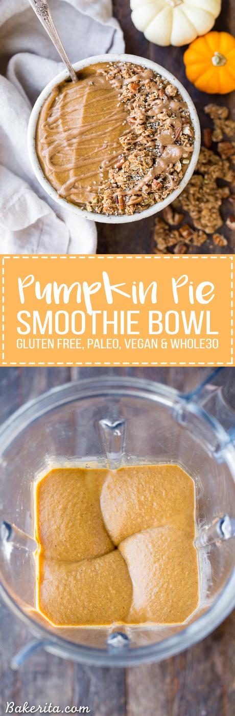 This Pumpkin Pie Smoothie Bowl tastes like a smoothie version of pumpkin pie filling! It's loaded with veggies for a filling, nutrient-dense breakfast that's bursting with fall flavors and spices. It's gluten-free, paleo, vegan and Whole30.