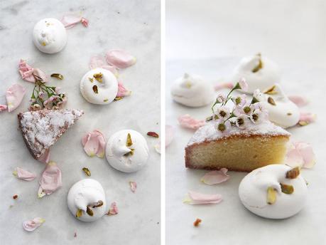 Almond Cake with Rosewater and Pistachio Meringues