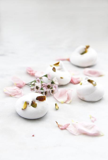 Almond Cake with Rosewater and Pistachio Meringues