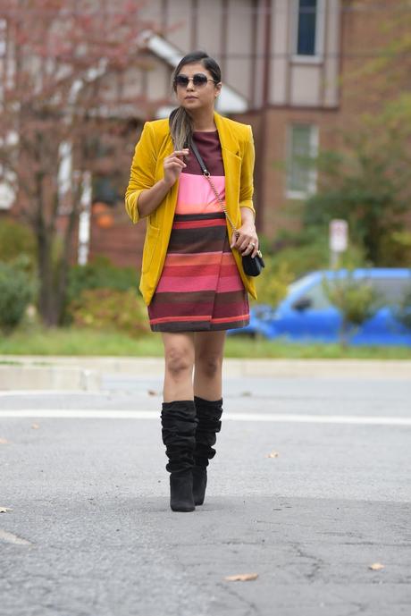 how to wera a velvet blazer, loft stripe wrap over skirt, slouchy black boots, fall style, fall colors, fashion, street style, ootd, bright holiday outfit, happy halloween , myriad musings