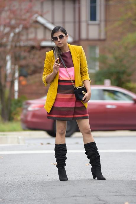 how to wera a velvet blazer, loft stripe wrap over skirt, slouchy black boots, fall style, fall colors, fashion, street style, ootd, bright holiday outfit, happy halloween , myriad musings