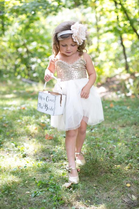 A perfect fall wedding; ivory and gold sequin flower girl dress 