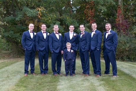A perfect fall wedding; groom and groomsmen in navy and bordeaux 