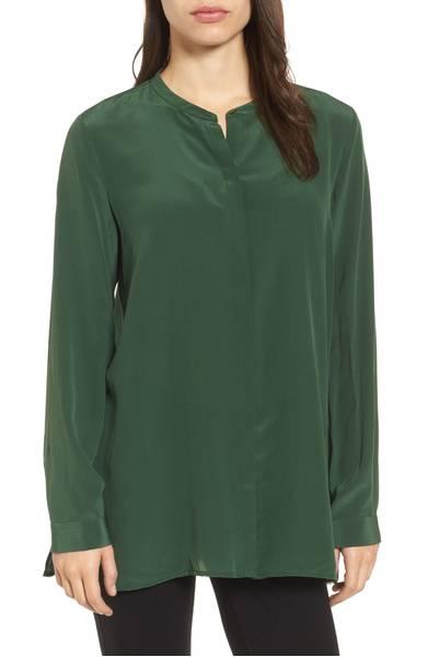 Eileen Fisher mandarin collar silk shirt in hemlock.