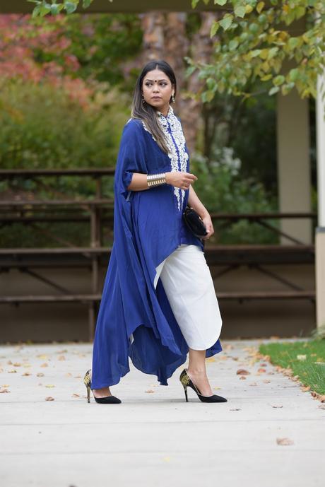 how to remix your wardrobe, indian, desi, dhoti pants outfits, blue long dress, fashion, style, indian, how to wear fusion wear, saumya, myriad musings 