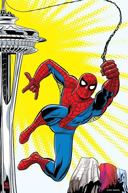 Michael Allred’s interpretation shows Spider-Man swinging from the Space Needle