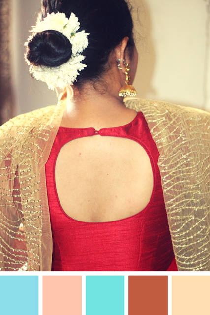 My Karva Chauth 2017 Outfit - A Westside Indo-Western Maroon Dress, Glittery Gold Dupatta, accessorised with Gold Jhumkas and Red and golden banglestopped with a bun squeezed with a mogra (jasmine) gajra (flower garland)