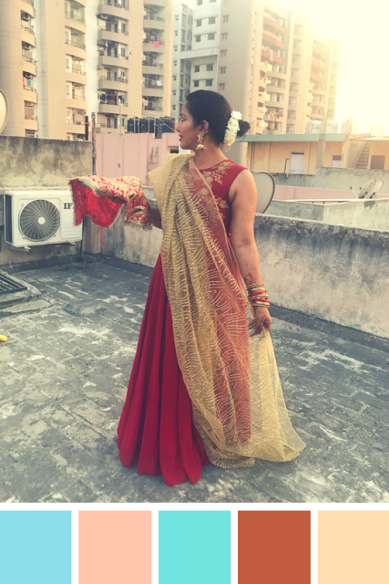 My Karva Chauth 2017 Outfit - A Westside Indo-Western Maroon Dress, Glittery Gold Dupatta, accessorised with Gold Jhumkas and Red and golden banglestopped with a bun squeezed with a mogra (jasmine) gajra (flower garland)