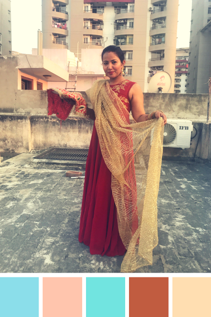 My Karva Chauth 2017 Outfit - A Westside Indo-Western Maroon Dress, Glittery Gold Dupatta, accessorised with Gold Jhumkas and Red and golden banglestopped with a bun squeezed with a mogra (jasmine) gajra (flower garland)