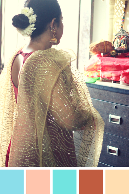 My Karva Chauth 2017 Outfit - A Westside Indo-Western Maroon Dress, Glittery Gold Dupatta, accessorised with Gold Jhumkas and Red and golden banglestopped with a bun squeezed with a mogra (jasmine) gajra (flower garland)