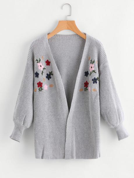 Flower Embroidered Drop Shoulder Sweater