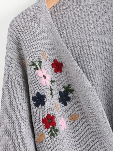 Flower Embroidered Drop Shoulder Sweater