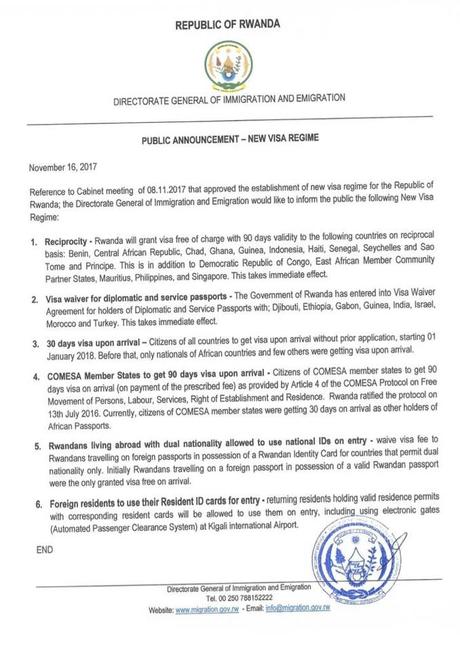 Rwanda immigration announcement. new visa regime for 2018