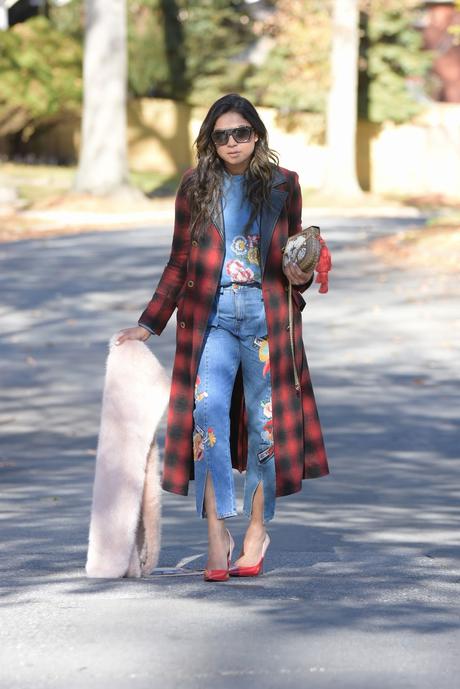 denim on denim, floral embroidered jeans, frill jeans outfit, plaid coat outfit, red coat, casula look, style, street style, winter, colorblock pumps, metallic bag, myriad musings 