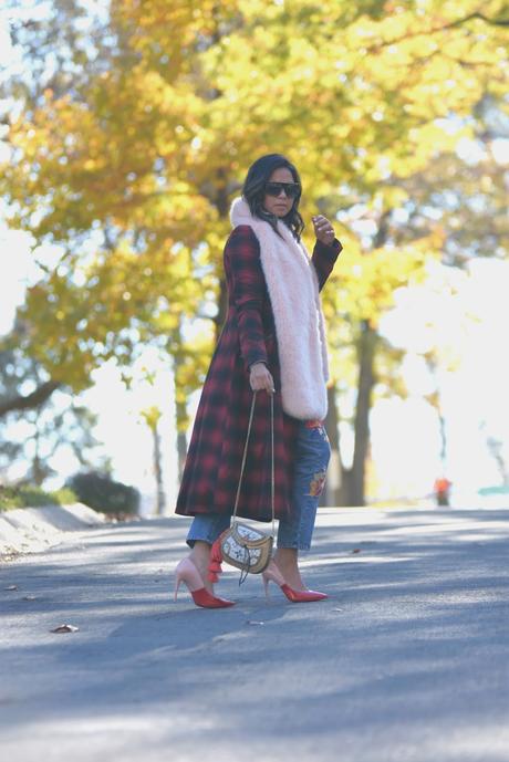 denim on denim, floral embroidered jeans, frill jeans outfit, plaid coat outfit, red coat, casula look, style, street style, winter, colorblock pumps, metallic bag, myriad musings 