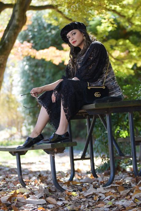 how to wear a black lace zara jumpsuit, patent black leather brogues, shiny, fall, winter fashion, street style, gur gilet, fashion, beret velvet, myriad musings