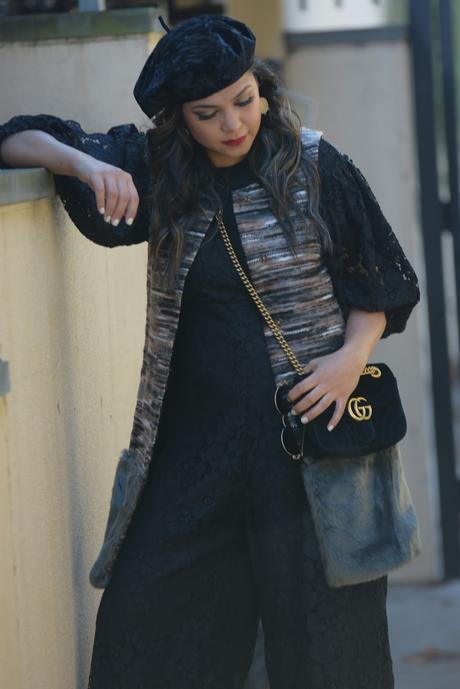 how to wear a black lace zara jumpsuit, patent black leather brogues, shiny, fall, winter fashion, street style, gur gilet, fashion, beret velvet, myriad musings