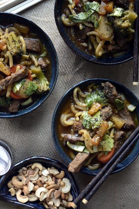 korean spicy sweet beef udon noodle bowl