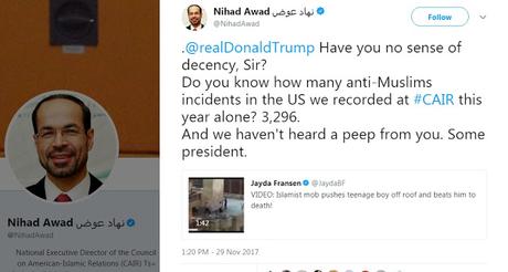 Reply from Nihad Awad (CAIR) to Donald Trump on Twitter