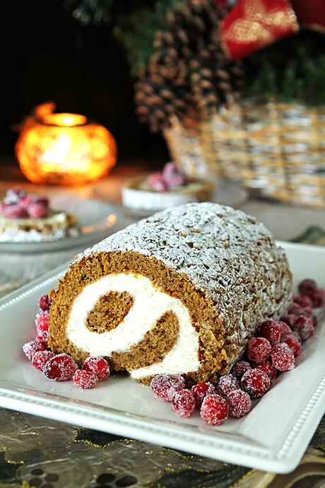 Pumpkin Roll with Cream Cheese Filling and Sugared Cranberries