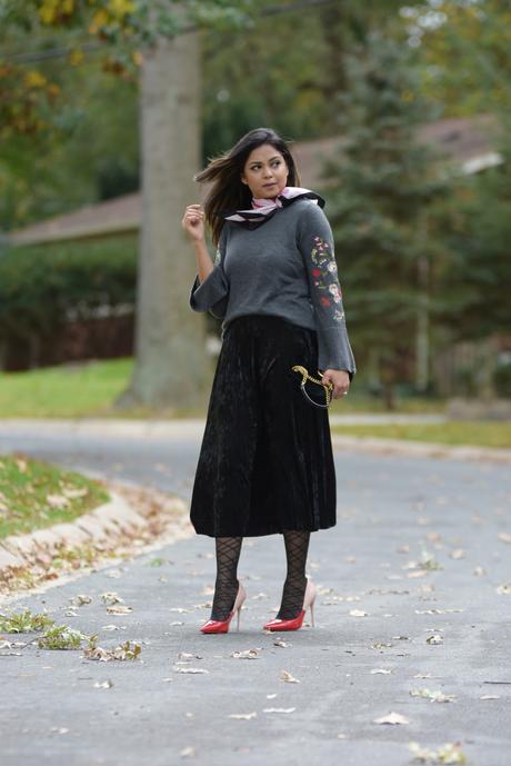 How to wear velvet this season, fall fashion, velvet pleated skirt, gray bell sleeve sweater, embroidered sweater, fashion, street style, myriad musings 