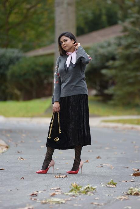 How to wear velvet this season, fall fashion, velvet pleated skirt, gray bell sleeve sweater, embroidered sweater, fashion, street style, myriad musings 